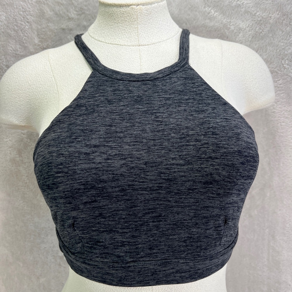 Alo Yoga Heathered Charcoal High Neck Racerback Sports Bra Crop‎ Top Keyhole S
